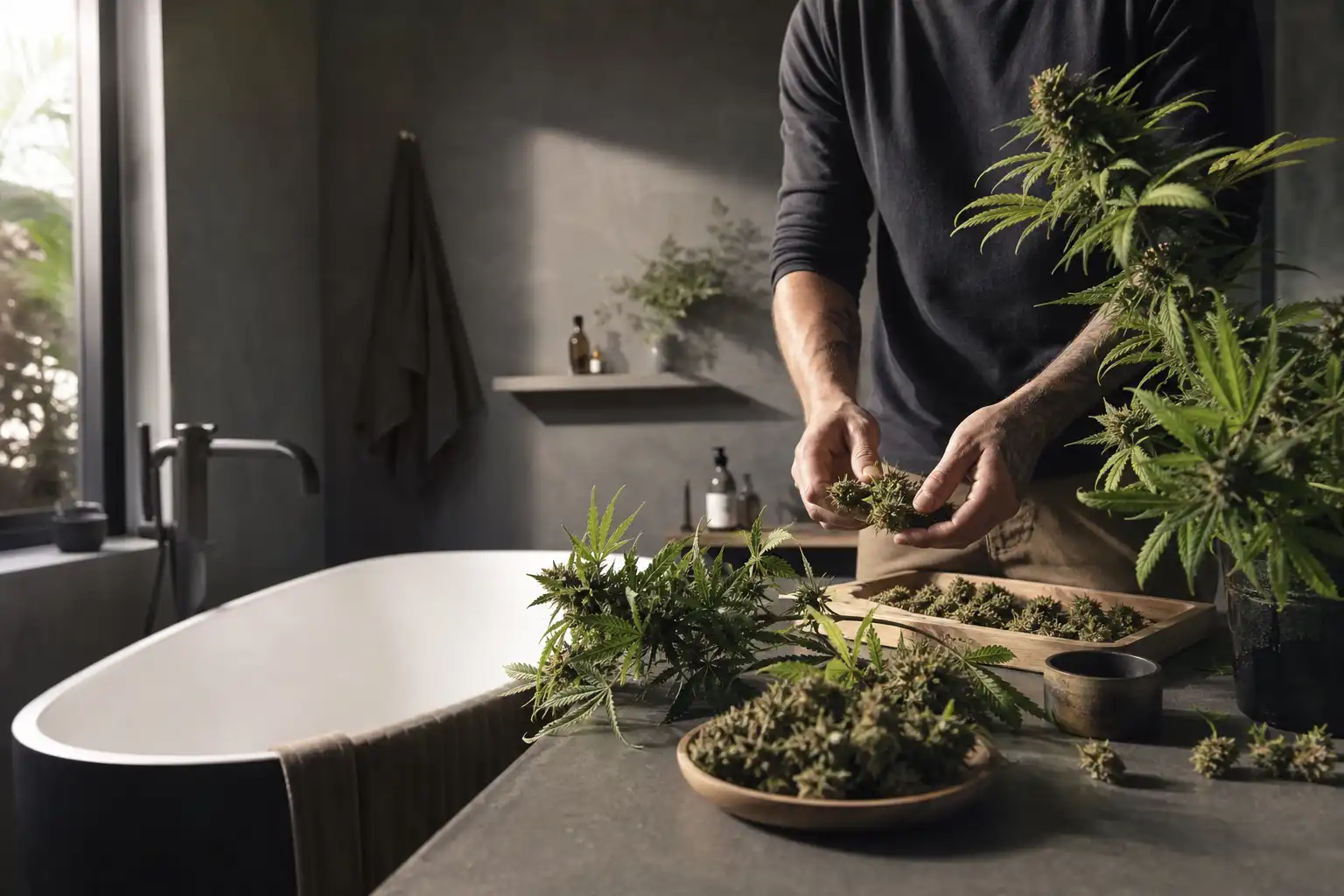 Quelqu'un dispose un objet, autour de cannabis intérieur extérieur, dans une salle de bain.