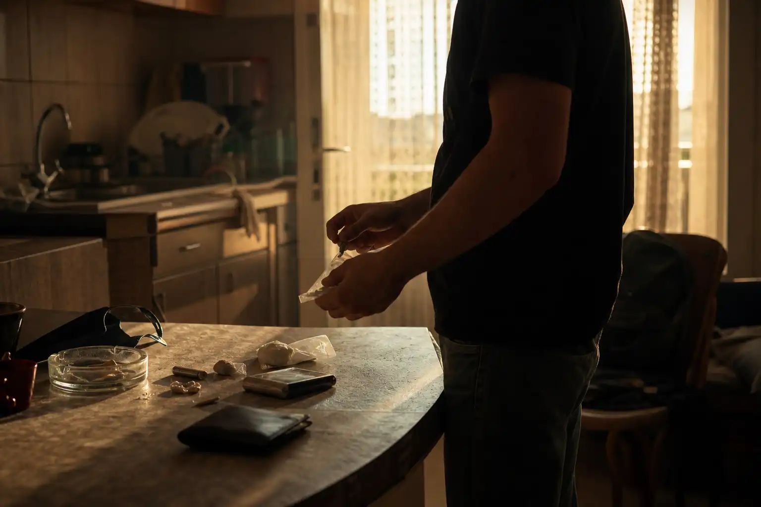 Quelqu'un manipule un objet, autour de paie prix drogue, dans une cuisine.