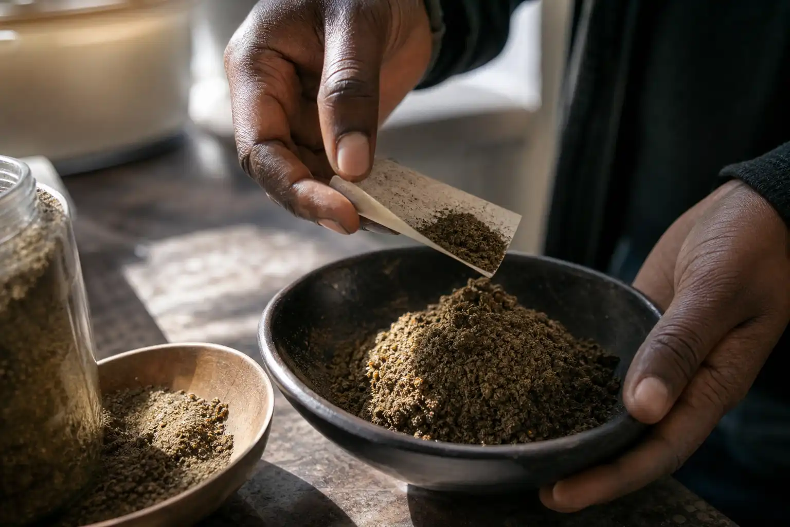 Des mains dosent quelque chose, autour de durban poison culture, dans une cuisine.