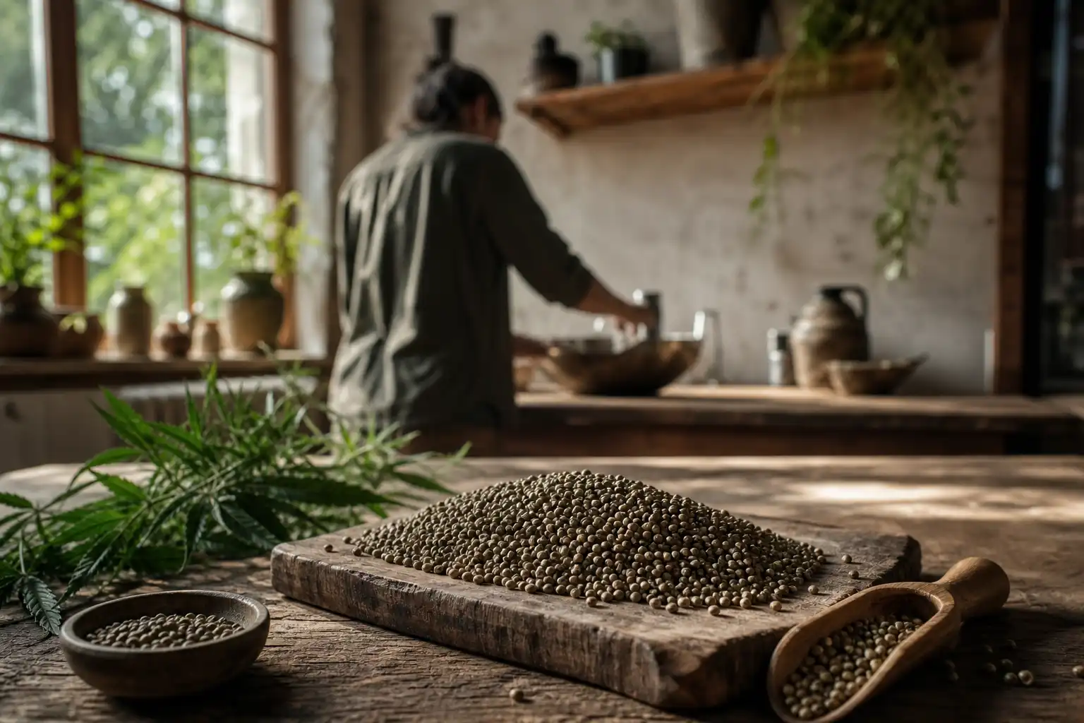 Quelqu'un prépare quelque chose, autour de graines bds special, près d'une table en bois.