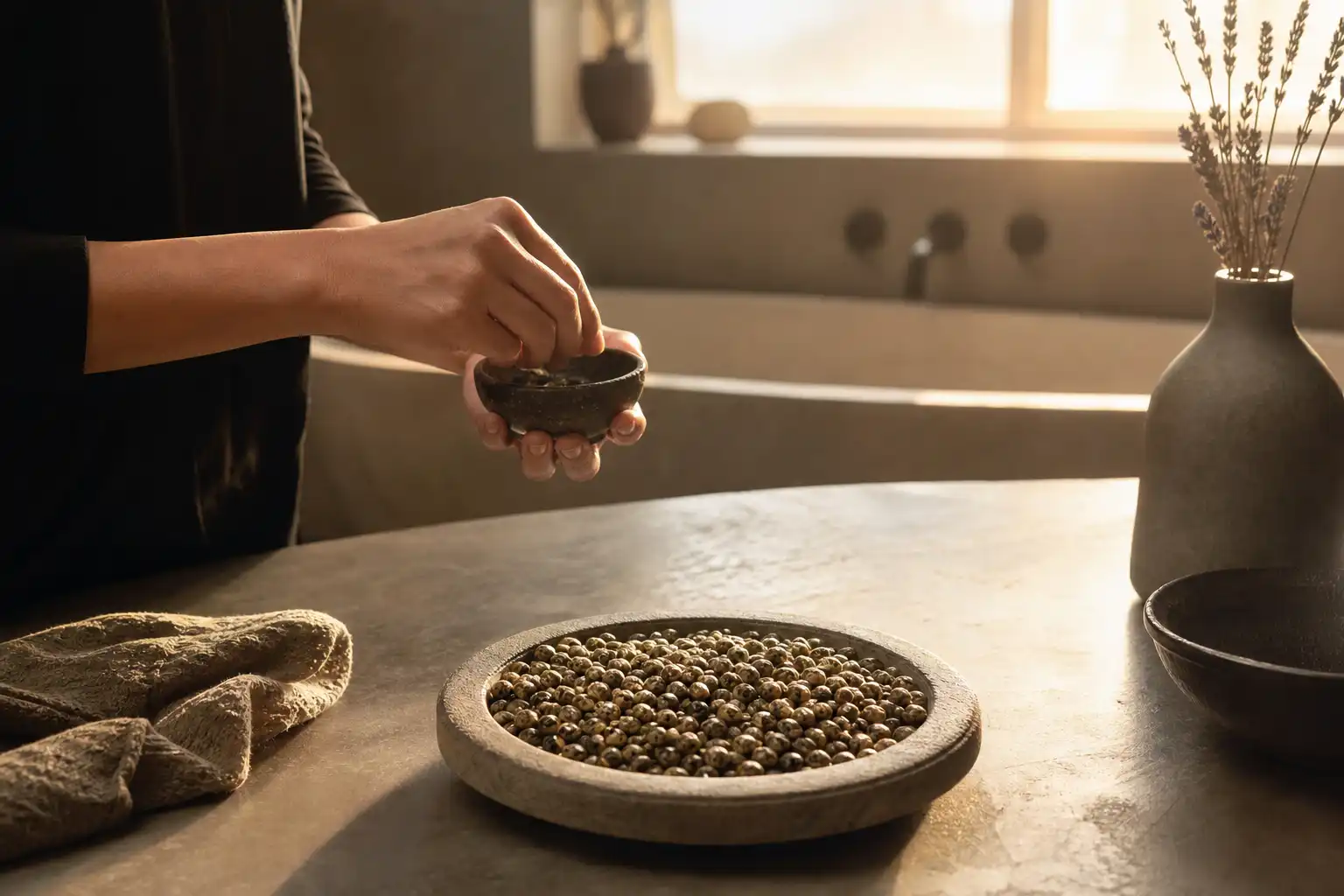 Quelqu'un dispose un objet, autour de graines hindu kush, dans une salle de bain.