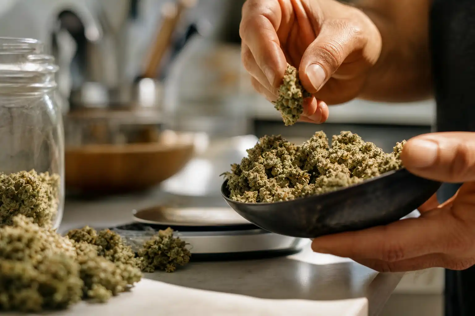 Des mains dosent quelque chose, autour de big bud culture, dans une cuisine.
