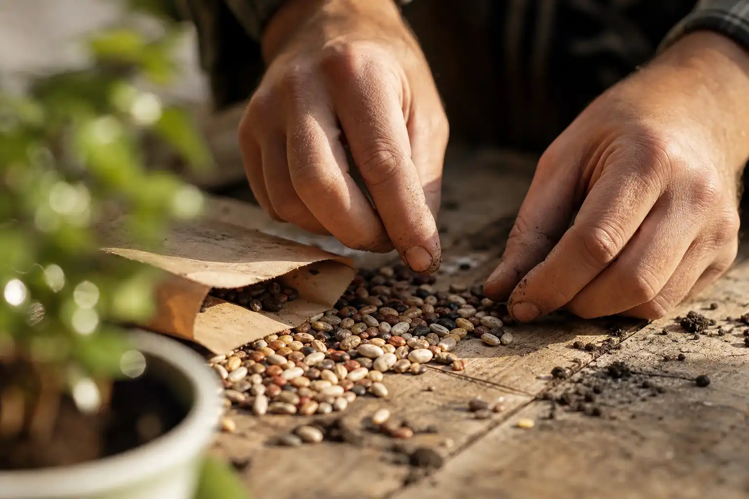 Des mains manipulent un objet, autour de graines culture extérieure, près d'une table en bois.
