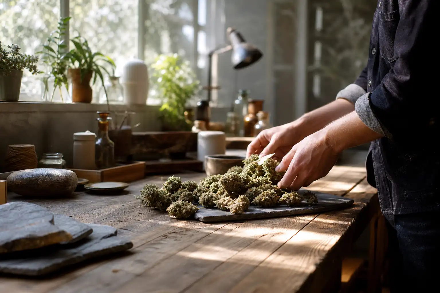 Quelqu'un dispose un objet, autour d'antigua barbuda cannabis, dans un atelier.