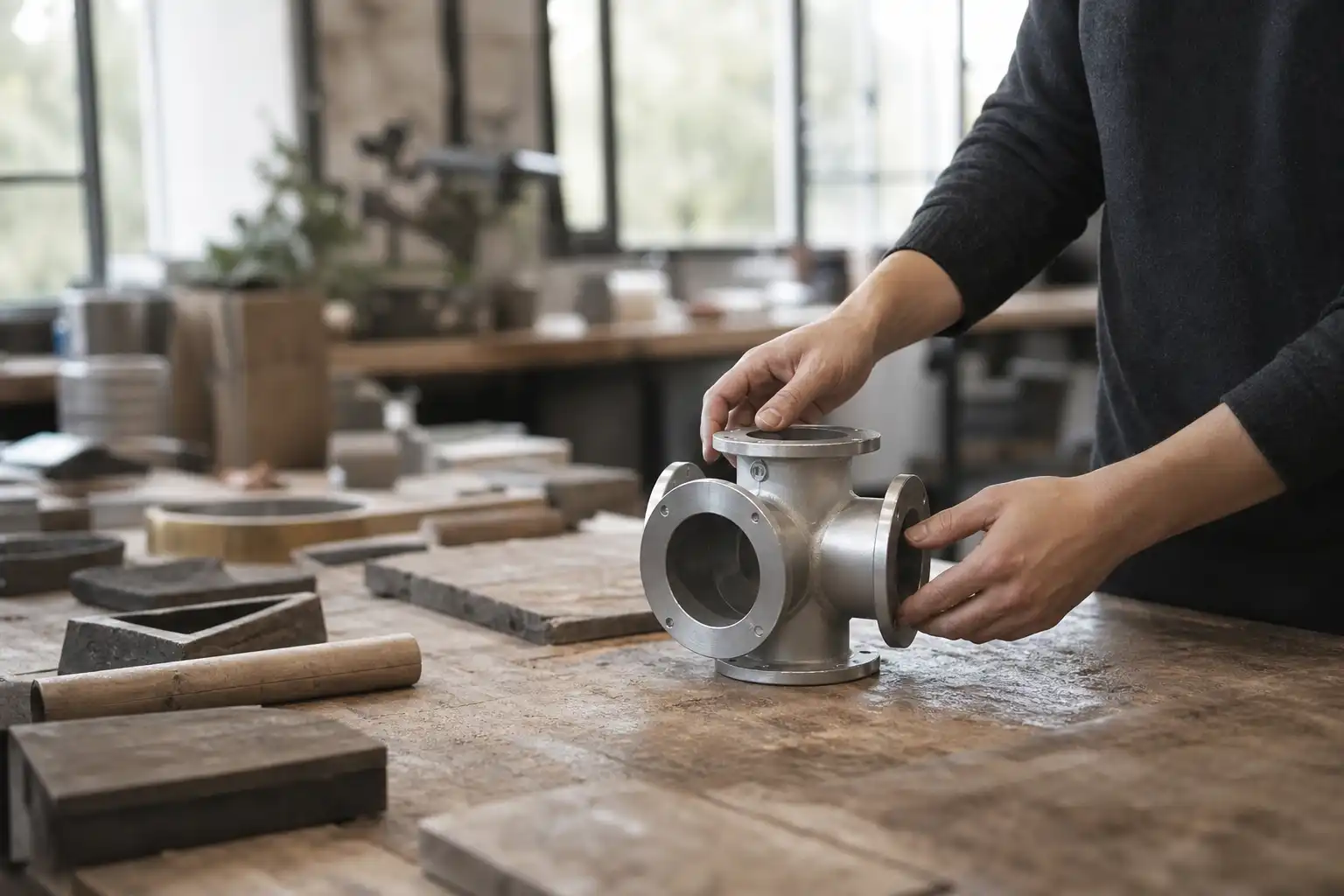 Quelqu'un dispose un objet, autour de four way caractéristiques, dans un atelier.