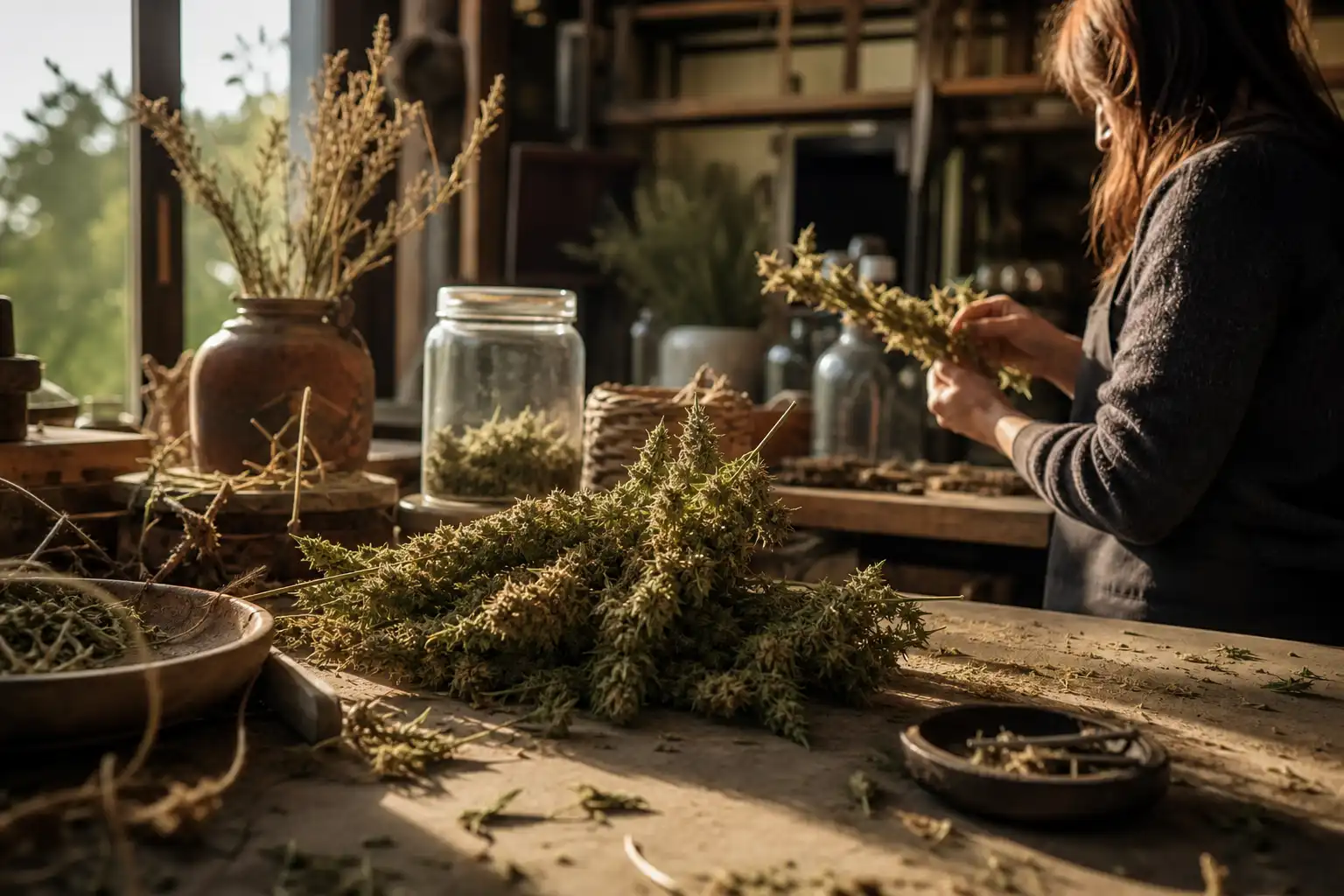 Quelqu'un manipule un objet, autour d'haze culture floraison, dans un atelier.