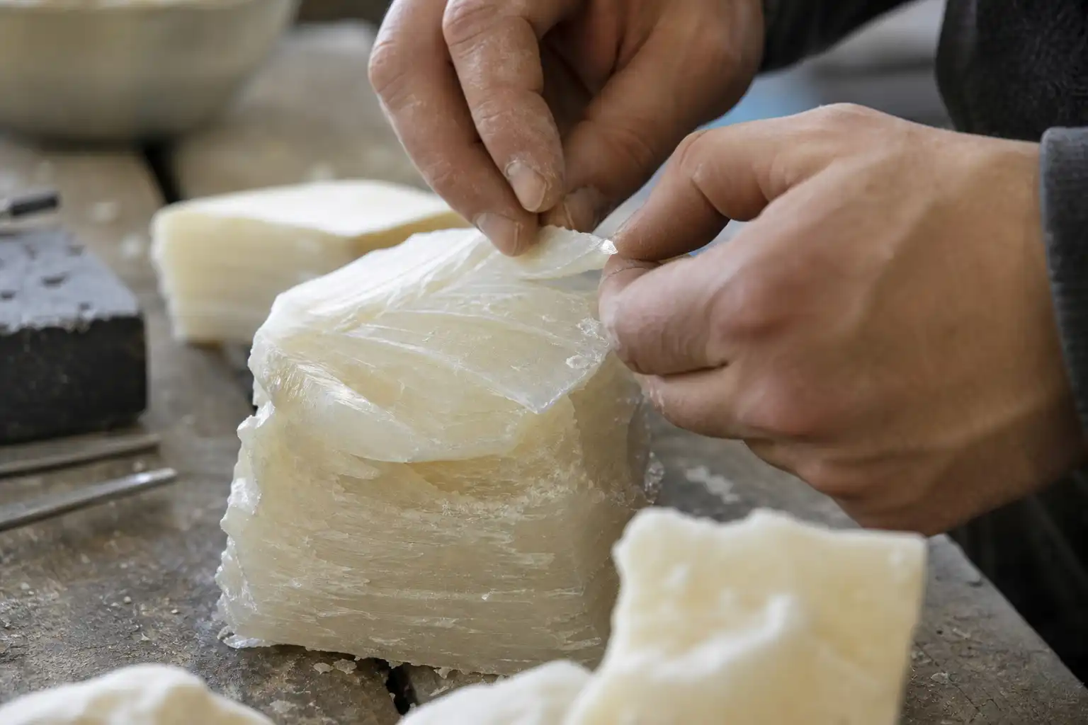 Des mains manipulent un objet, autour de misty culture caractéristiques, dans un atelier.