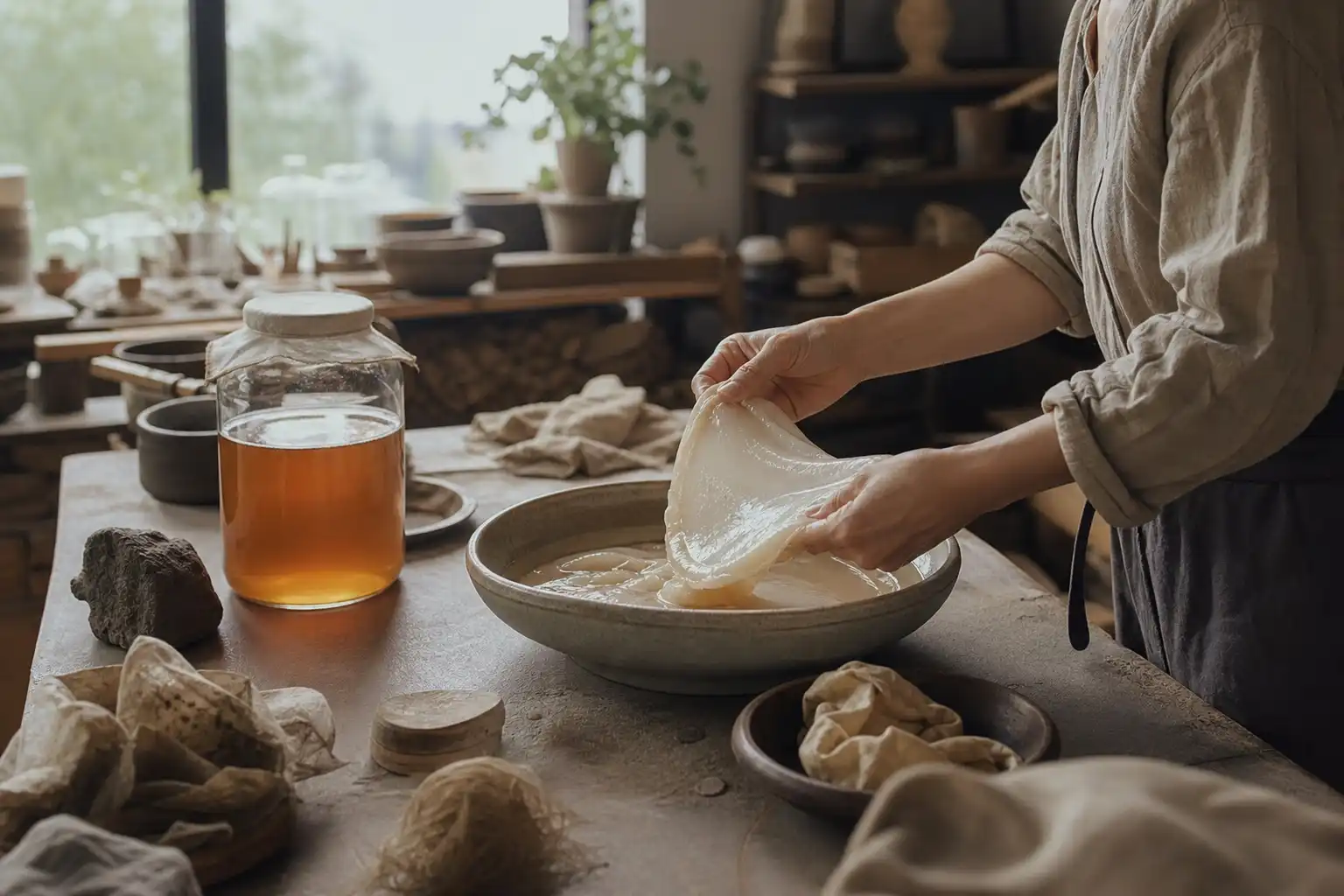 Quelqu'un manipule un objet, autour de misty culture caractéristiques, dans un atelier.