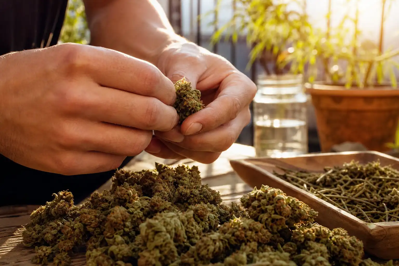 Des mains disposent un objet, autour d'hawaii skunk culture, dans un jardin.