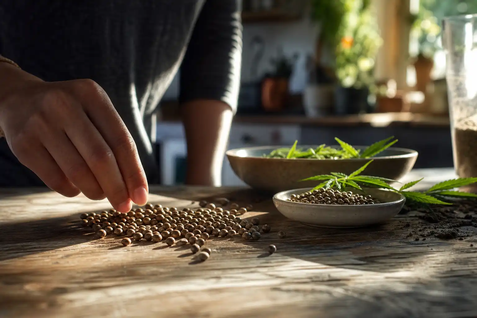 Quelqu'un dispose un objet, autour de graines mixed sativa, dans une cuisine.