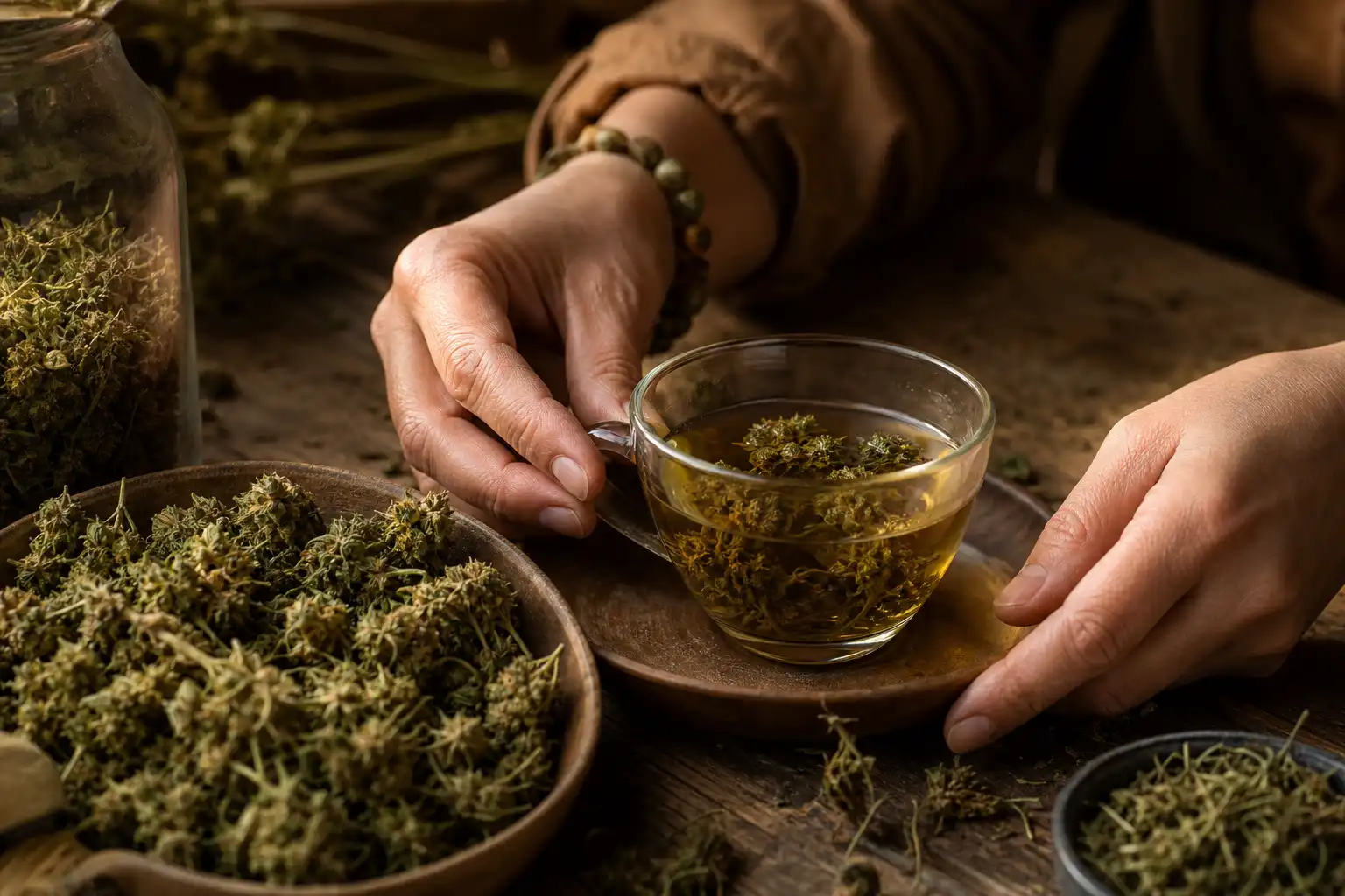 Des mains disposent un objet, autour d'une infusion de chanvre et ses fleurs séchées, dans un atelier.