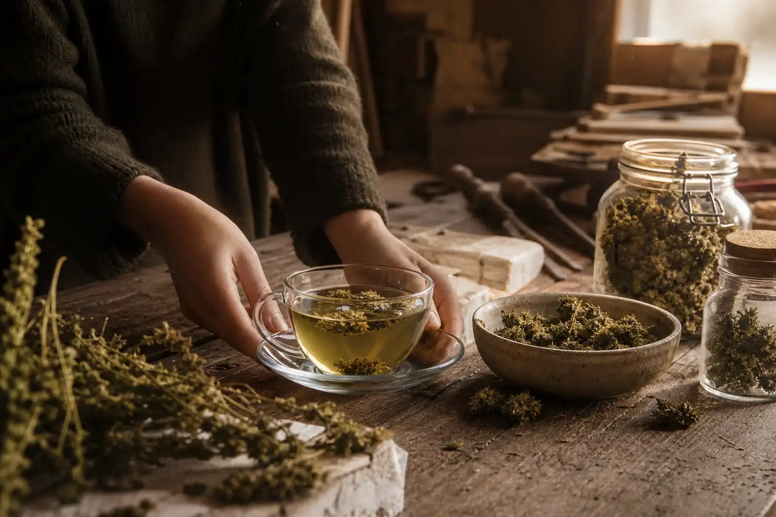 Quelqu'un dispose un objet, autour d'une infusion de chanvre et ses fleurs séchées, dans un atelier.