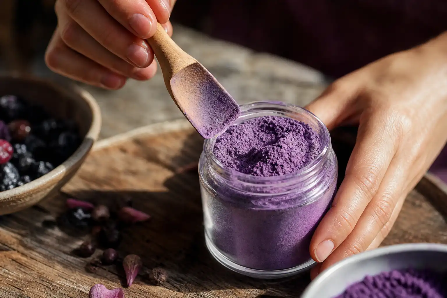 Des mains préparent quelque chose, autour de new purple power, près d'une table en bois.